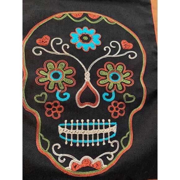 Hallow Home Embroidered Sugar Skull Table Runner 70"x14" Black & Multicolor Poly - Picture 3 of 8
